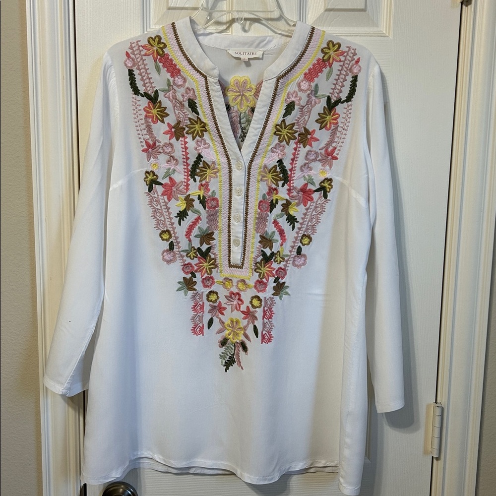 Solitaire White Tunic with Pink, Yellow and Green Embroidery